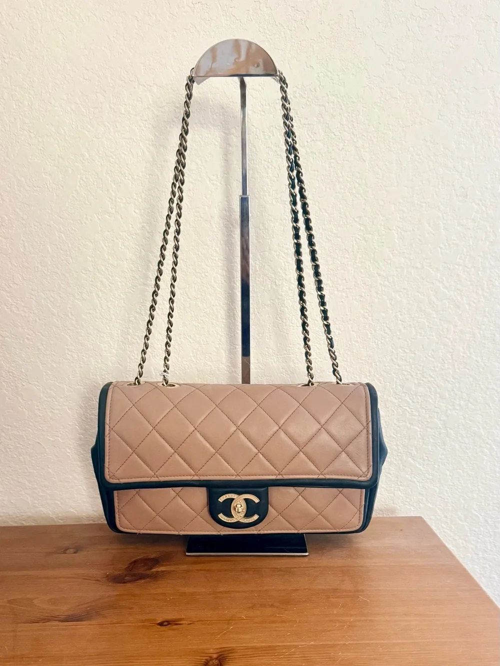 Authentic Chanel Quilted Flap Shoulder Bag - Beige with Black Trim